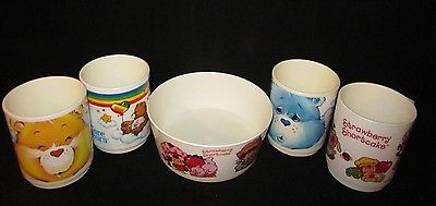Strawberry Shortcake Care Bears Cups & Bowl Lot Deka Plastic Vintage 1980s