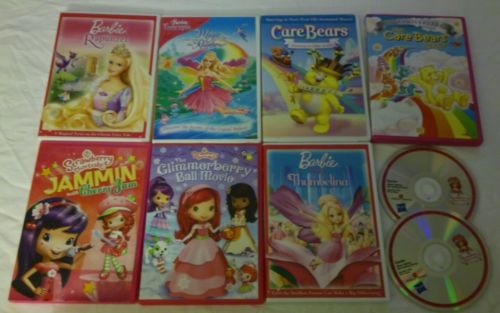 Lot of 9 childrens girl movies. Strawberry Shortcake, Barbie, and Care Bears