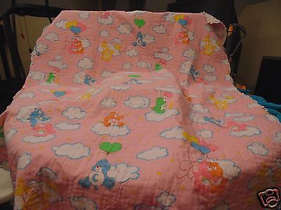 VTG.HANDCRAFTED Care Bears PINK QUILTED Cotton CRIB NURSERY BLANKET  54