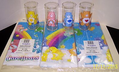 VINTAGE / NEW CARE BEARS 4 GLASSES / TUMBLERS & 3 LARGE TABLE COVERS