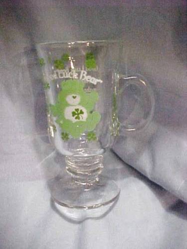 Rare Good Luck Green Care Bears Clear Glass Pedestal Mug