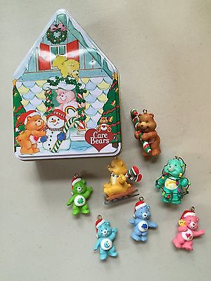 Set of 7 Care Bears Christmas tree ornaments plus decorated tin