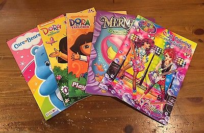 GIRL Coloring Activity Book Lot Dora Explorer Care Bears Mermaids & More + GIFT
