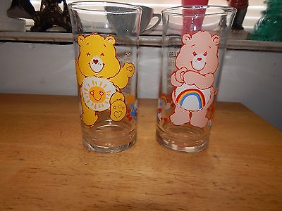 Set of 2 Vintage Care Bear 1983 Pizza Hut Cheer Bear funshine Cups Glasses