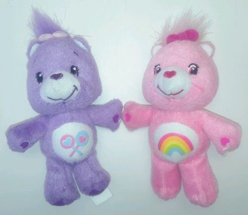 Two mini Care Bear plush soft toy teddy dolls Pink Purple Share Cheer miniature
