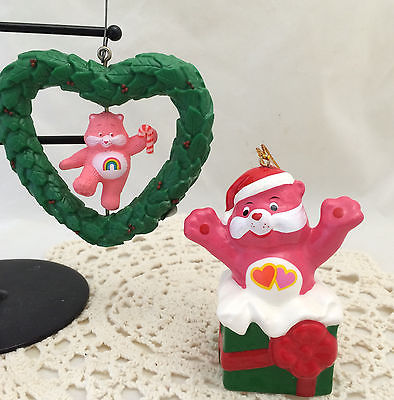 2 VTG Christmas Tree ornament Care Bears spinning CHEER wreath & Love Lot Heart
