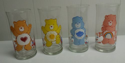 4 Care Bear Glasses 1983 - Funshine, Tenderheart, Cheer - Vintage AGC Pizza Hut 