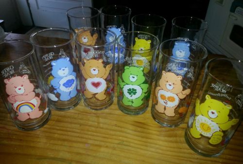 12 total 1983 Pizza Hut CARE BEARS Glasses. Includes 1 complete Set 