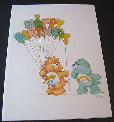 Used Vintage Greeting Card Care Bears with Happy Birthday Balloons