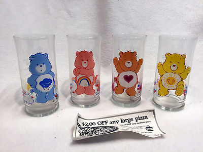 LOT OF 4 vtg 1983 Vintage Care Bears Limited Edition Pizza Hut Drinking Glasses 