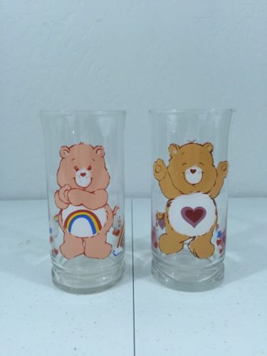 Set of 2 Vintage Care Bear 1983 Pizza Hut Cheer Bear Tenderheart Cups Glasses