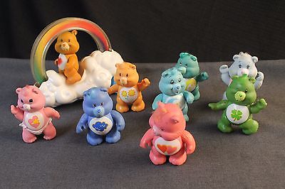 83/84 Vintage Care Bears Lot of 9 Plastic Poseable Action Figures + Rainbow Car