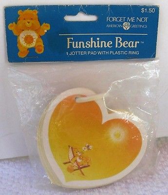 Vintage 1984 Care Bears Funshine Bear Jotter Pad with Plastic Ring MIB