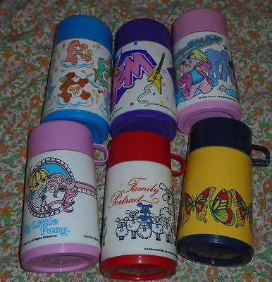 Six Plastic Thermoses cabbage patch kids Care Bears jem My Little Pony butterfly
