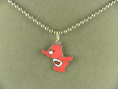 ADORABLE & CHARMING RED CARE BEAR METAL CHARM NECKLACE WITH BEAD CHAIN