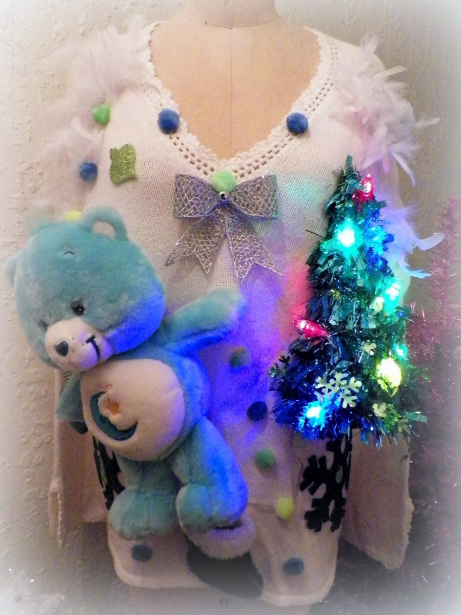 D47 WOMENS M L UGLY CHRISTMAS SWEATER BLUE CARE BEAR BEDTIME LIGHTS TACKY CUTE!