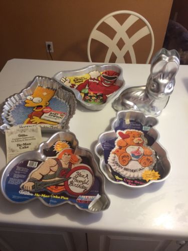 Vintage Wilton Cake Pan Lot Power Rangers Care Bear He-man Bart Simpson 3D Bunny