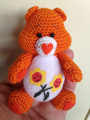 Adorable  Miniature Artist Crocheted Care Bear ORANGE FRIEND BEAR FLOWERS CUTE!