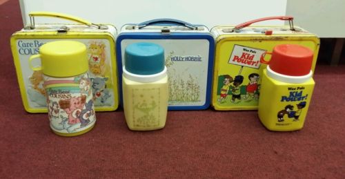 3 Vintage Metal Lunchboxes with Original Thermos Care Bears Holly Hobbie