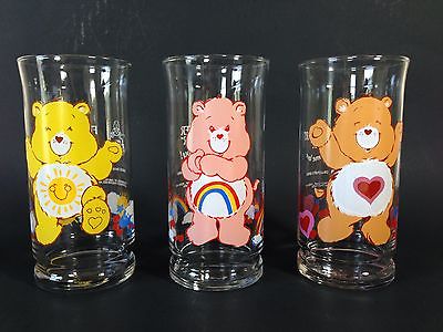 Set of 3 Care Bears 1983 Pizza Hut Collectible Glasses Tenderheart Cheer Funshin