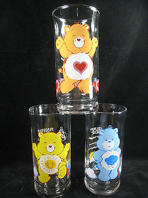 Set of 3 Care Bear Glass Tumblers Grumpy Blue Tender Heart Fun Shine Yellow 