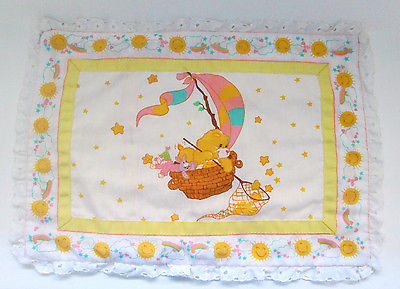 Vintage Baby Pillow Sham Care Bears Funshine Yellow Rainbow Nursery Bedding