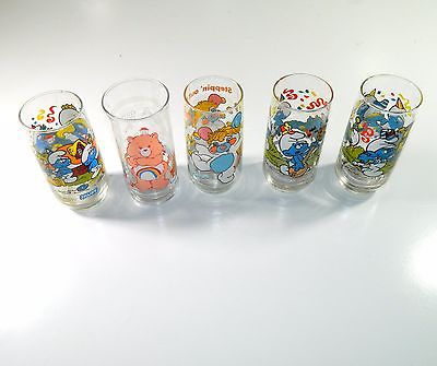 POPPLE CARE BEARS & SMURF Vintage Glass Lot of 5 Glasses in Excellent Shape!