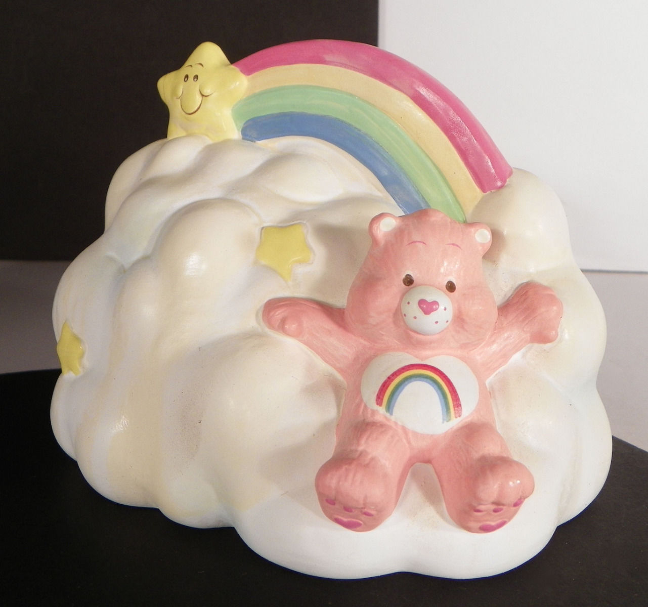 1985 Care Bears Cheer Bear Bank 53301 Sitting on Rainbow Cloud with Stars