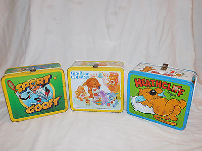 Vintage 1980s Care Bear Cousins, Sport Goofy, Heathcliff metal lunchbox lot of 3