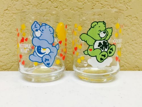 Two Care Bears Juice Glasses Good Luck Bear & Bedtime Bear 1986 Collectible