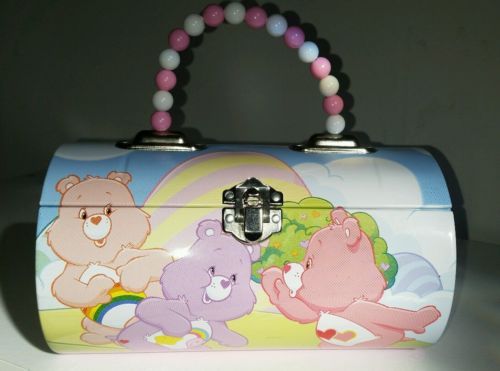 Care Bears Tin Purse Beaded Handle Trinket Box EUC Collectible