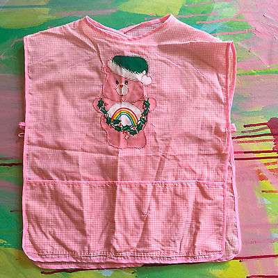 Pink and White Check Print Carebear Apron, Vintage 1980s Handmade Girls Apron