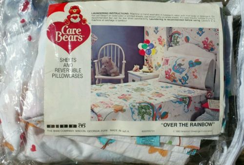 Vintage Care Bears Full Size Flat Sheet Fitted Sheet Two Pillowcase Set 1980s