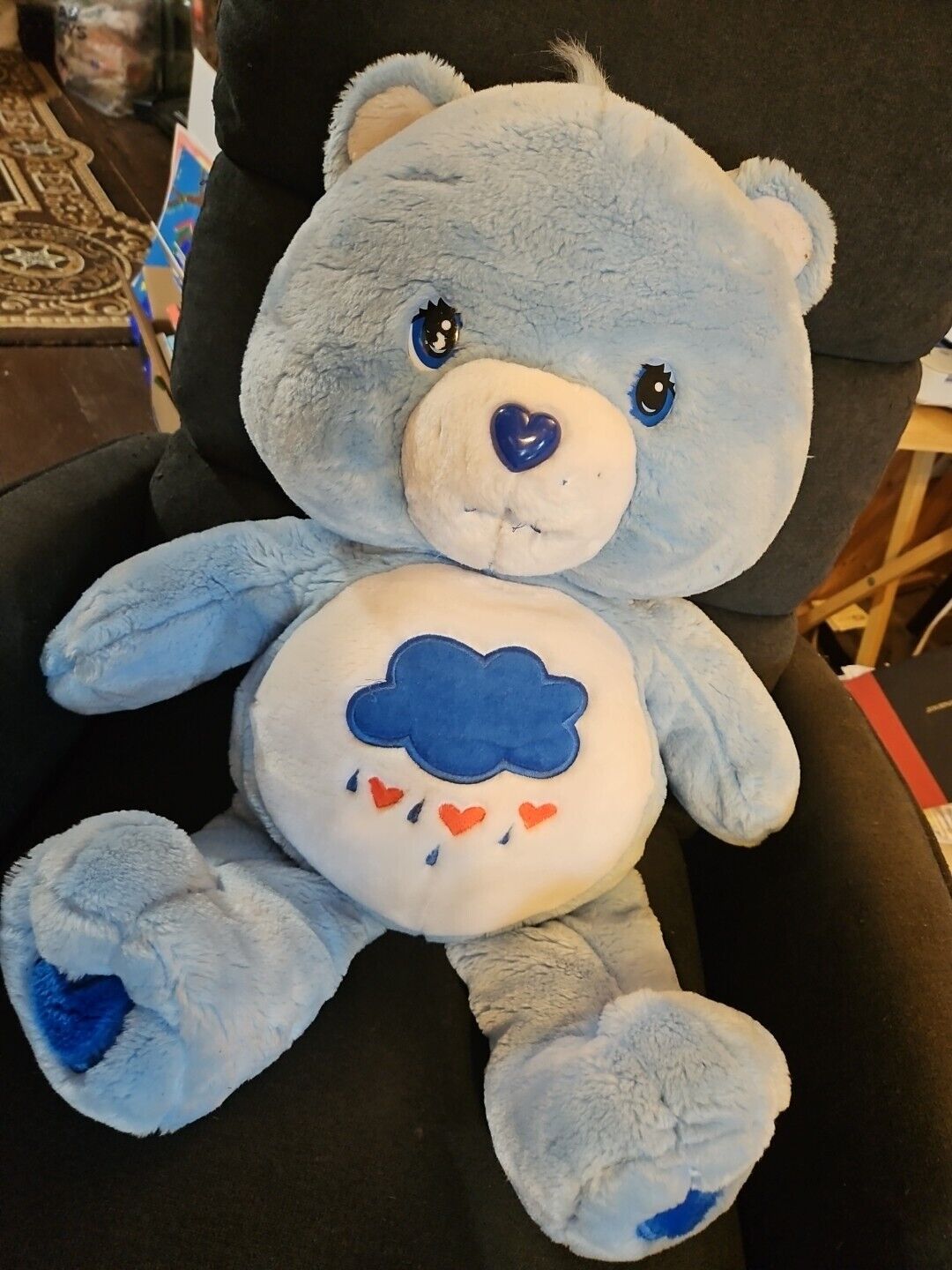 Vtg Care Bear Jumbo 26" Grumpy Hearts Rare 2002 Blue Rain Cloud  Plush EUC 10055