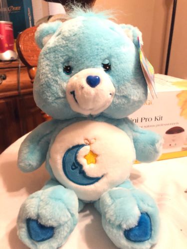 Bedtime Care Bear 2002 Plush Blue Stuffed Animal 14" Moon Star Heart Toy