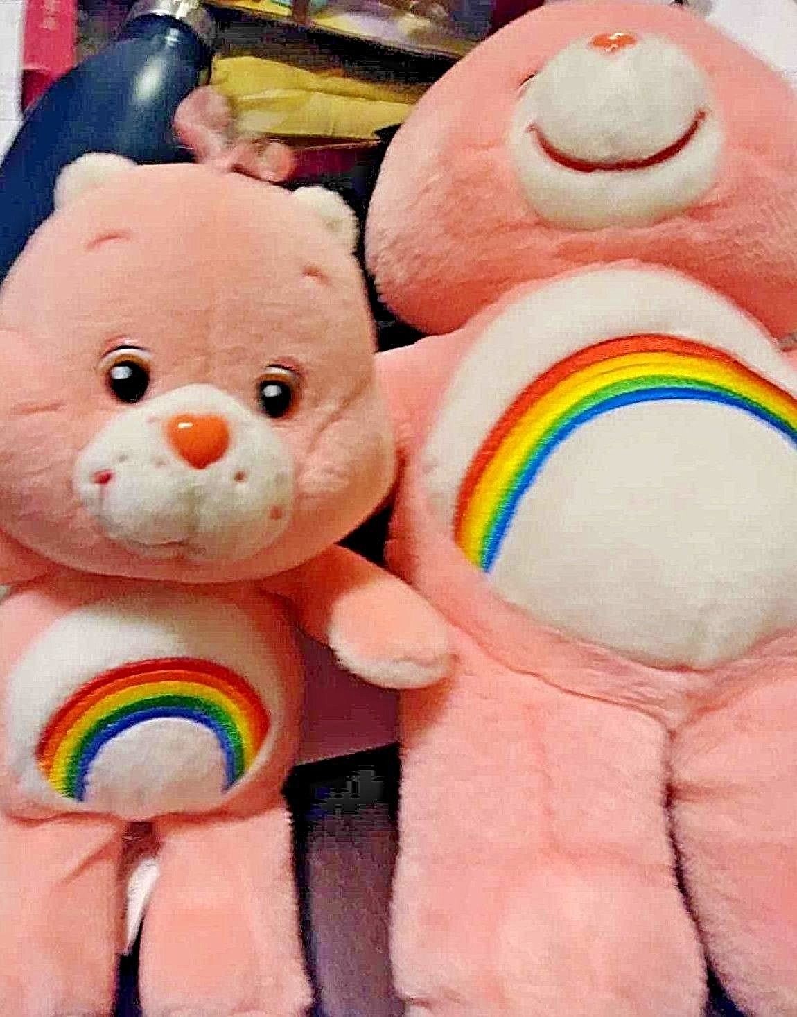 13” Care Bears Pink Rainbow Tummy Cheer Bear 2002 & 8 Inch Talking Bear 2003
