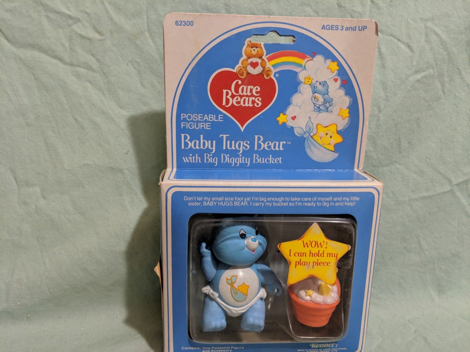 Vintage Care Bear figure, Baby Tugs Care Bear with Bucket, Kenner,1984, PVC,New 