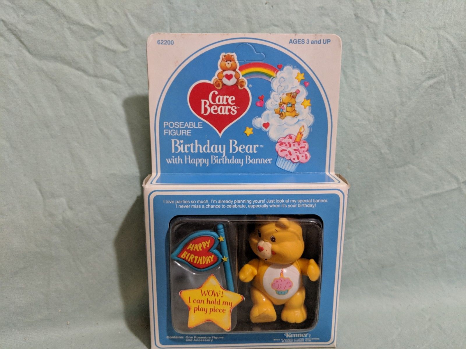 Vintage Care Bear figure, Birthday Bear with Banner, Kenner, 1984, PVC, New 