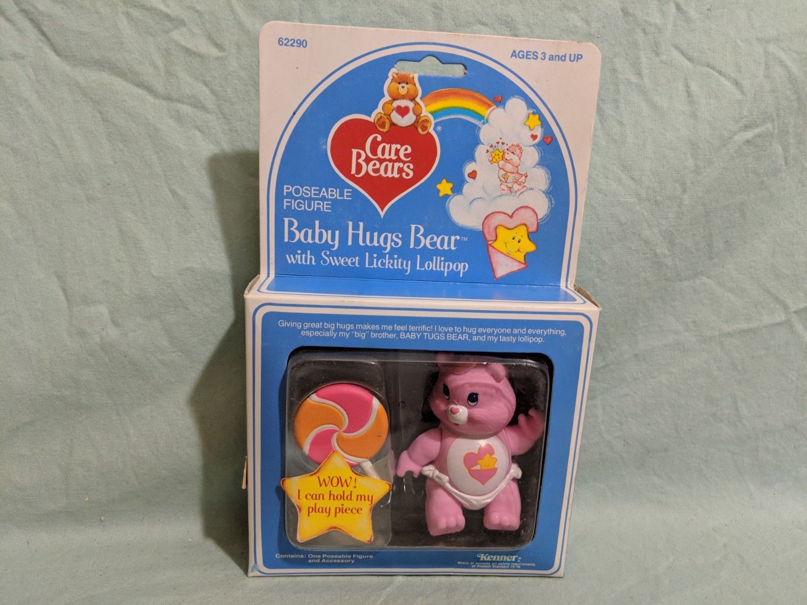 Vintage Care Bear figure, Baby Hugs Bear with Lollipop, Kenner, 1984, PVC, New 