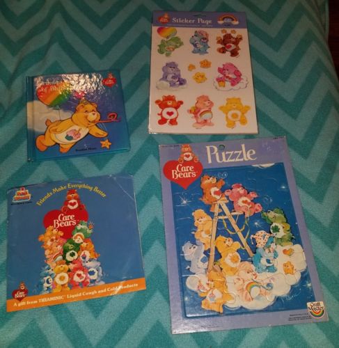 Nice lot of 5 vintage care bear items puzzle, stickers, book & record