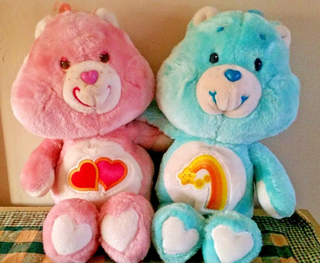 1983 Vintage set of Care Bears Love a Lot & Wish Stuffed Plush Toy Doll Kenner 