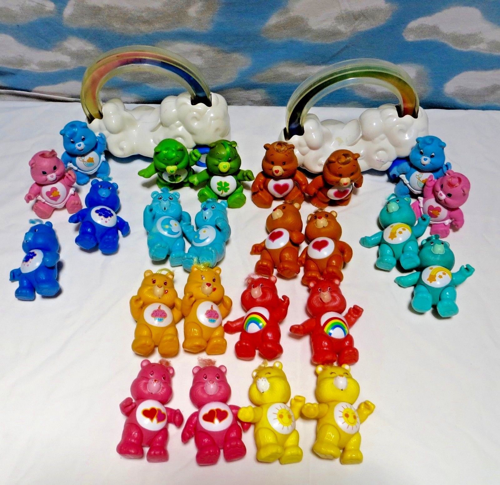  Vintage CARE BEARS LOT 24 Poseable jointed Vinyl  PLUS 2 Rainbow Roller Cars 