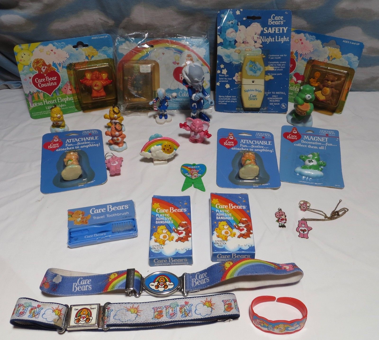CARE BEARS Vintage Lot of Misc Items & Figurines bandages Nite Lite Key Rings