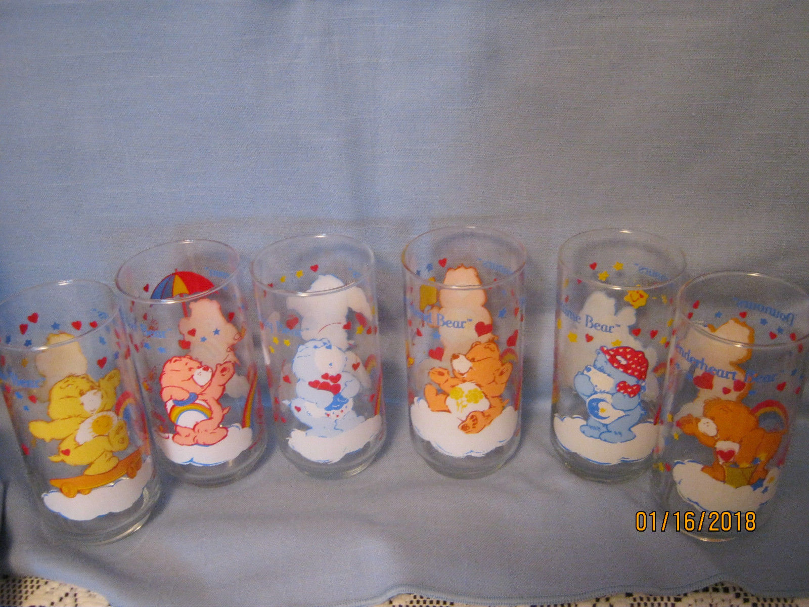 RARE! SET OF 6 CANADIAN ENGLISH/FRENCH CARE BEAR GLASSES, 1984, AGC, NEVER USED!