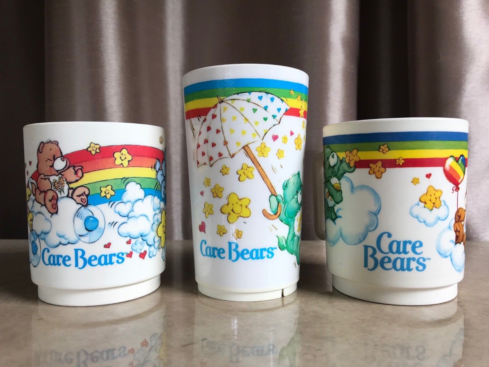 Vintage 3 Piece CARE BEARS Set 2 Plastic Mugs & 1 NEW Tumbler Cup DEKA 1983