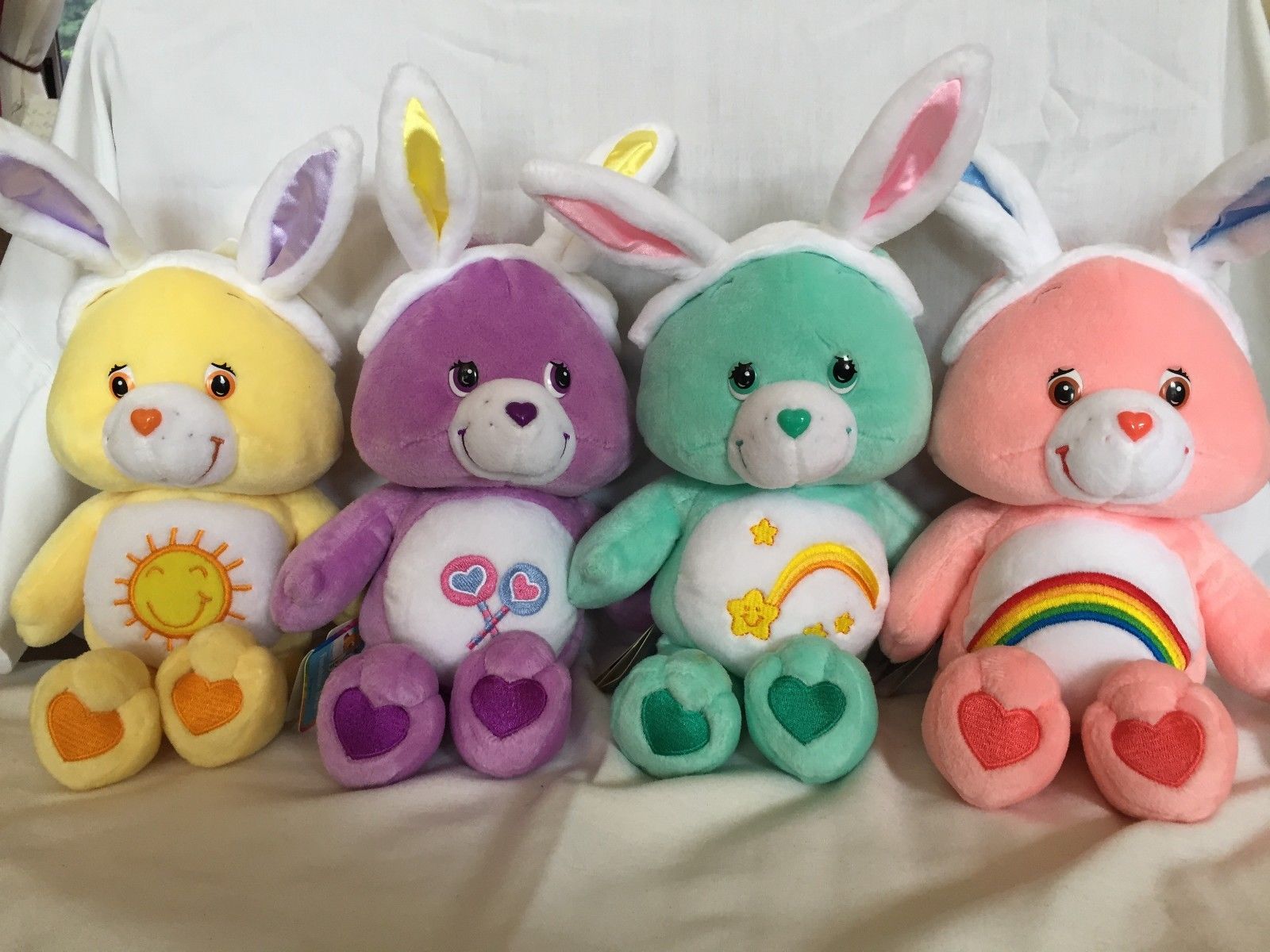 Lot of 4 - NWT - 2003 Care Bears 10 Inch Plush Easter Bunny Wish, Share, Cheer &