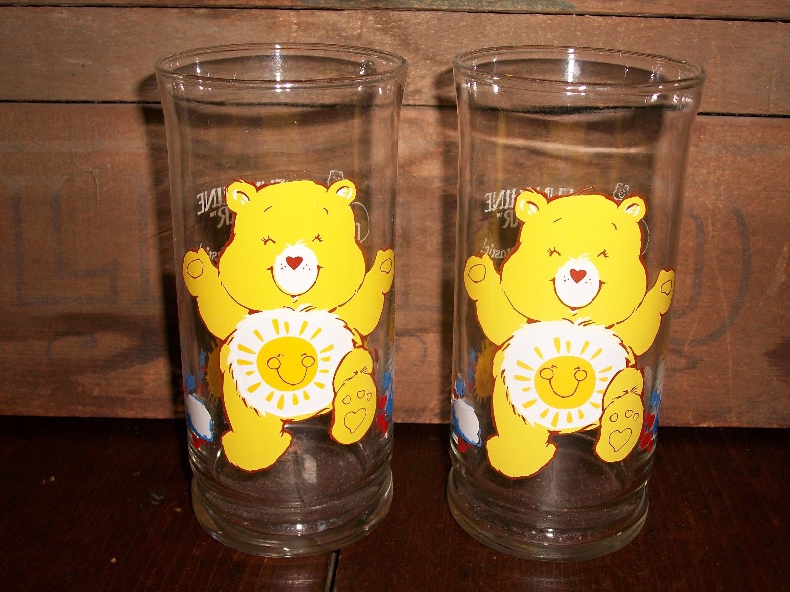 (2) Care Bear Pizza Hut Funshine Carebear Sunshine Yellow Collectors Glasses '83