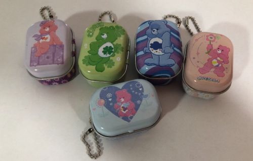 New Care Bears Set Of 5 MINI Tin Box w/ Chain Grumpy Good Luck Hopeful Heart