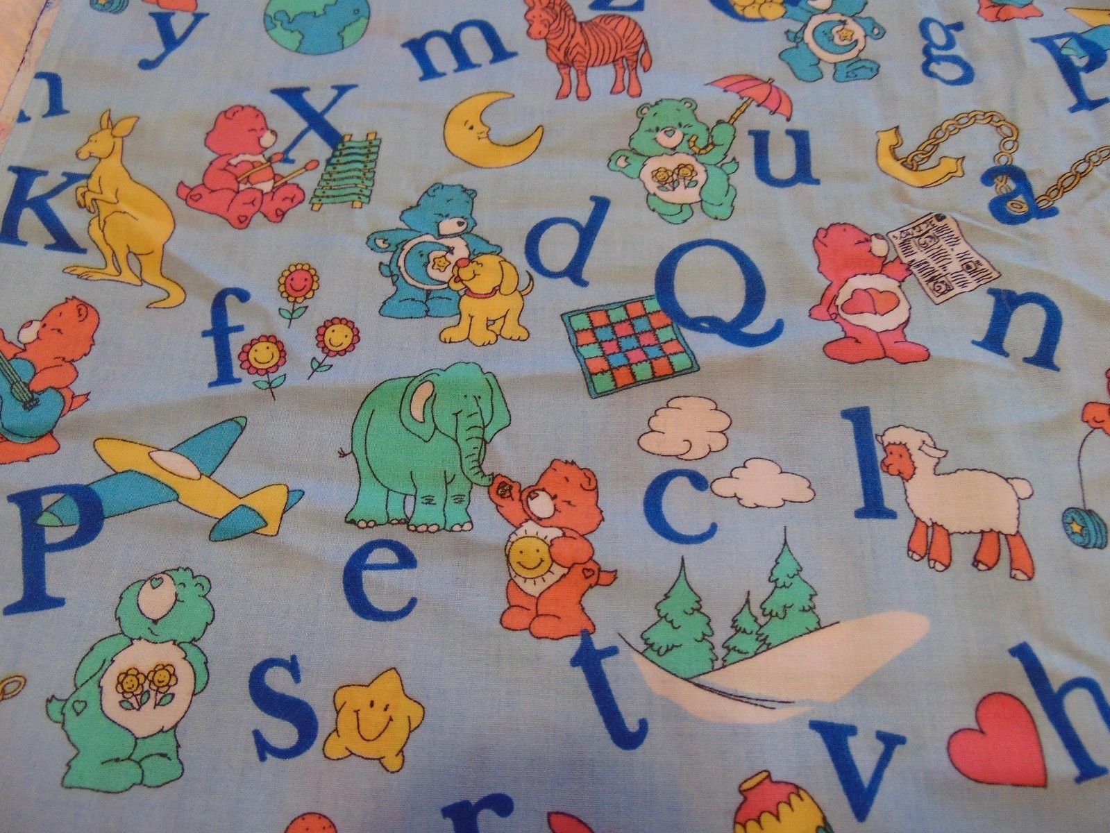 Vintage Fabric 1992 Care Bear Blue Childs Novelty Fabric Alpahabet Sewing 1 Yd
