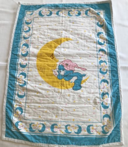 Vintage Care Bears Quilted Pad Blanket Blue White Bedtime Bear Yellow Moon